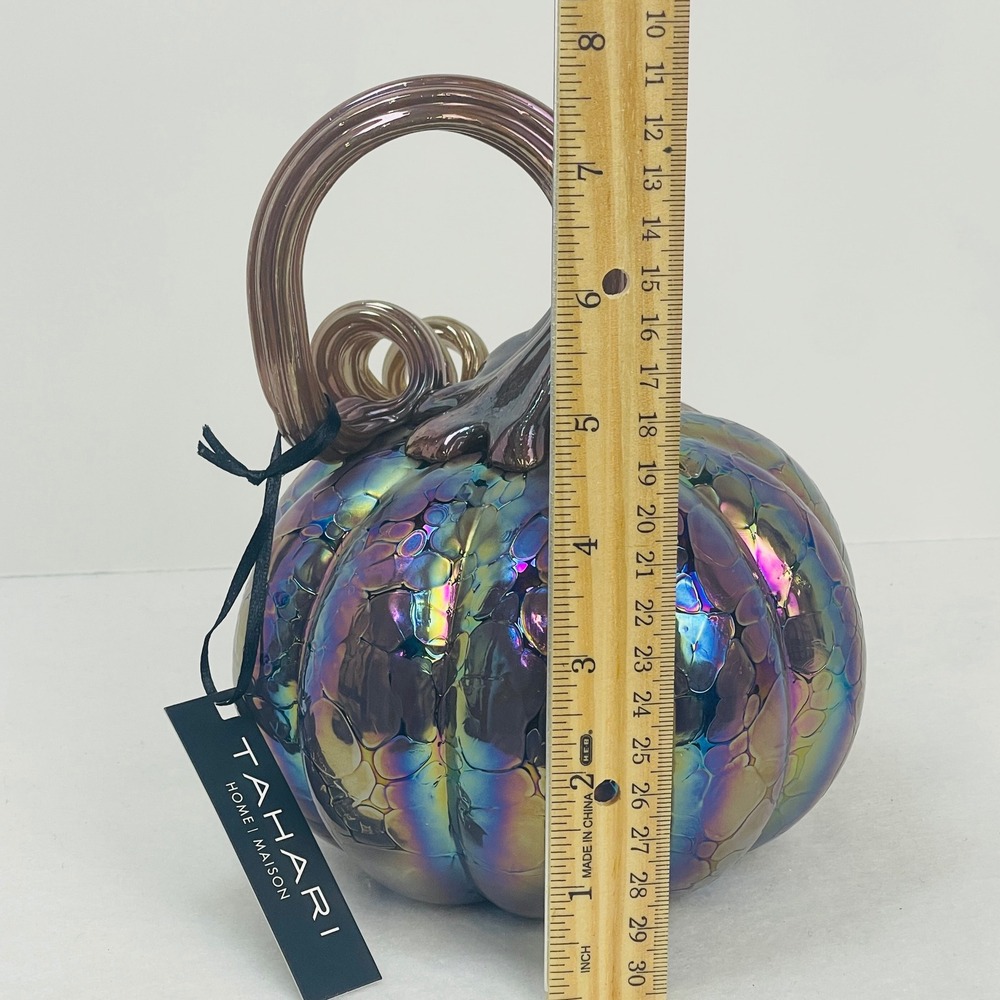 Tahari Home Iridescent Glass Pumpkin Oil Slick Rainbow Bubble Decor 7.5 Inch NEW - Picture 16 of 16